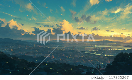 街の風景、夕暮れの空と街 117835267