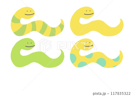 カラフルな蛇のイラストセット 年賀状素材 2025 縞模様 水玉 カラフルな蛇のイラストセット 年賀状素材 2025 縞模様 水玉 117835322