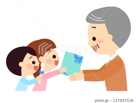 おじいさんへ贈り物を渡す子供達 117835526