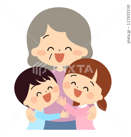 おばあさんに抱きつく子供達 おばあさんに抱きつく子供達 117835530