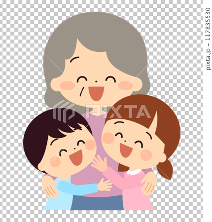 おばあさんに抱きつく子供達 おばあさんに抱きつく子供達 117835530