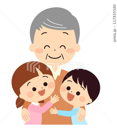 おじいさんに抱きつく子供達 117835580
