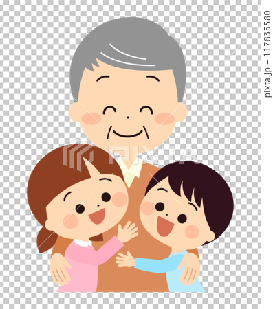 おじいさんに抱きつく子供達 117835580