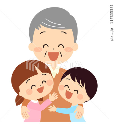 おじいさんに抱きつく子供達 117835581