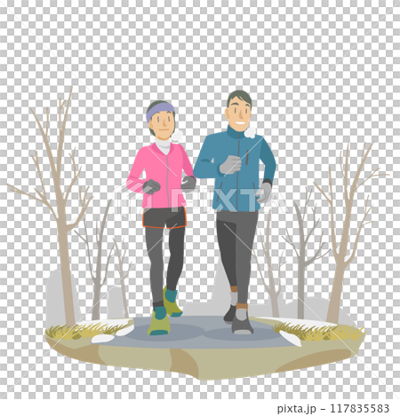 一對夫婦在冬季公園跑步的插圖 117835583
