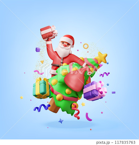 3D santa claus with gift bag and christmas tree 3D santa claus with gift bag and christmas tree 117835763