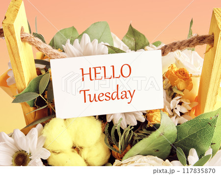 The words HELLO TUESDAY on a white business card placed on a bouquet of flowers. Concept photo The words HELLO TUESDAY on a white business card placed on a bouquet of flowers. Concept photo 117835870