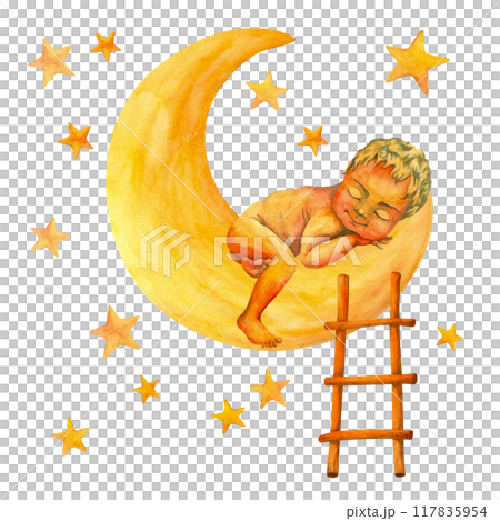 Isolated watercolor clipart of cute naked baby sleeping on moon with stepladder, leaning against it. Infant girl dreaming sweetly among stars. For baby shower decorations or nursery prints and designs Isolated watercolor clipart of cute naked baby sleeping on moon with stepladder, leaning against it. Infant girl dreaming sweetly among stars. For baby shower decorations or nursery prints and designs 117835954