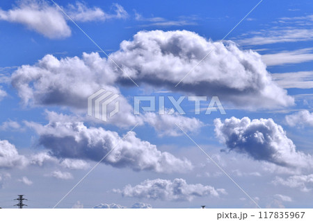 日本の横浜都市景観 送電線と夏空。猛烈な暑さが続く日本列島…巨大な雲が空に浮かぶ＝8月 117835967
