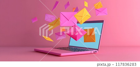 3d render of laptop with flying color envelopes and letter, illustrating. Generative AI. 117836283