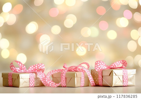 Presents decorated with decor ribbon light beige background, Generative AI. Presents decorated with decor ribbon light beige background, Generative AI. 117836285