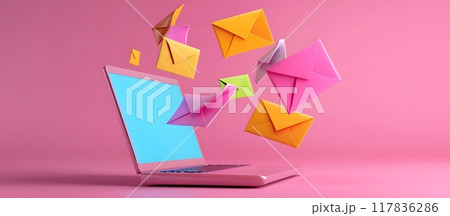 3d render of laptop with flying color envelopes and letter, illustrating. Generative AI. 117836286