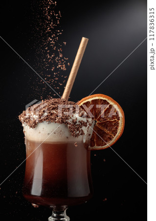 Chocolate cocktail with whipped cream sprinkled with chocolate chips. 117836315