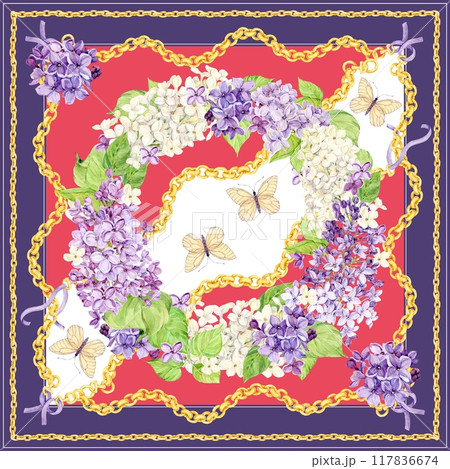 Watercolor pattern for silk scarf and textile print. Design of neckerchief or bandana. Spring flowers lilac, butterflies and golden juvenile chains. Baroque style for textile, wallpaper, covers. Watercolor pattern for silk scarf and textile print. Design of neckerchief or bandana. Spring flowers lilac, butterflies and golden juvenile chains. Baroque style for textile, wallpaper, covers. 117836674