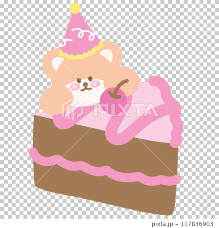 Chocolate cake with teddy bear for sweet dessert, cafe, restaurant, menu, recipe, baking, sticker, cartoon character, mascot, comic, plush toy, doll, brunch, birthday party, card, ads, print	 117836903