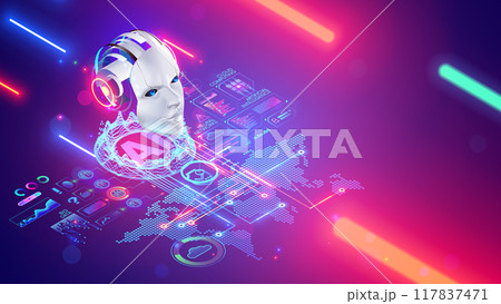 AI chat bot technology concept. Robot, chat bot head hanging over digital map of world. Development Artificial intelligence support service. AI chatbot support online users all world through internet. AI chat bot technology concept. Robot, chat bot head hanging over digital map of world. Development Artificial intelligence support service. AI chatbot support online users all world through internet. 117837471