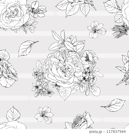 Hand drawn pencil graphic illustration seamless pattern of vintage flowers Hand drawn pencil graphic illustration seamless pattern of vintage flowers 117837564