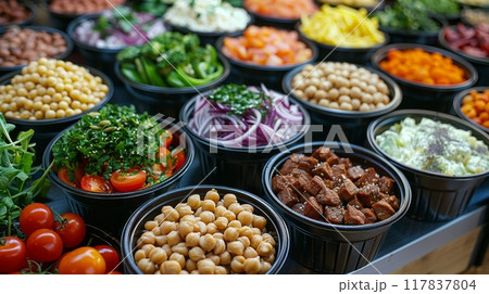 Bowls of fresh food ingredients, fruits and vegetables 117837804