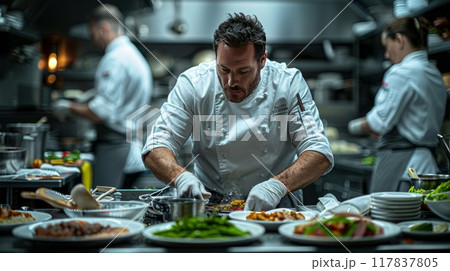 Chef in a bustling kitchen, focused and preparing a gourmet dish with intense concentration 117837805