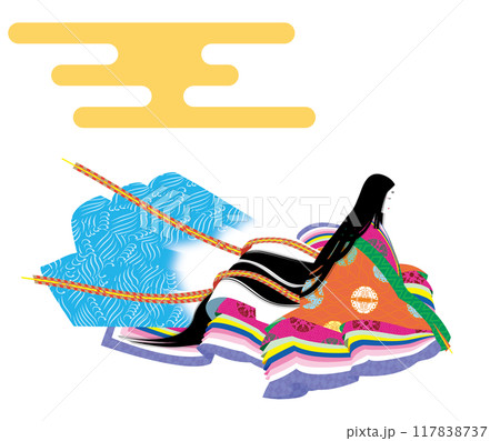 十二単衣を着た横顔の女性のイラスト.日本の貴族の民族衣装. 117838737