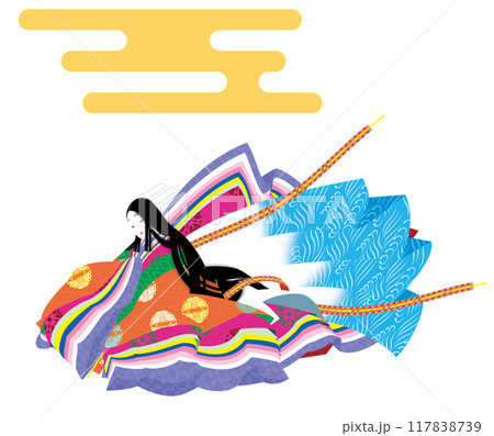 十二単衣を着た横顔の女性のイラスト.日本の貴族の民族衣装. 117838739