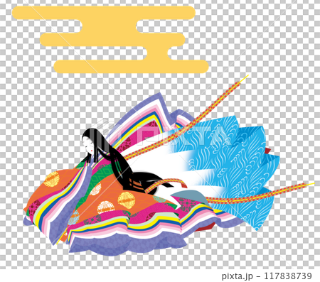 穿著 junihitoe 長袍的婦女的側面視圖插圖。 117838739