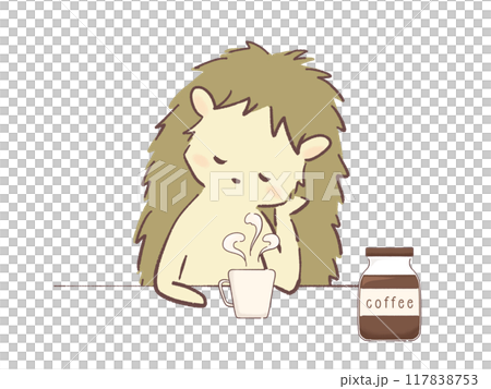 Illustration of a hedgehog drinking coffee and relaxing Illustration of a hedgehog drinking coffee and relaxing 117838753