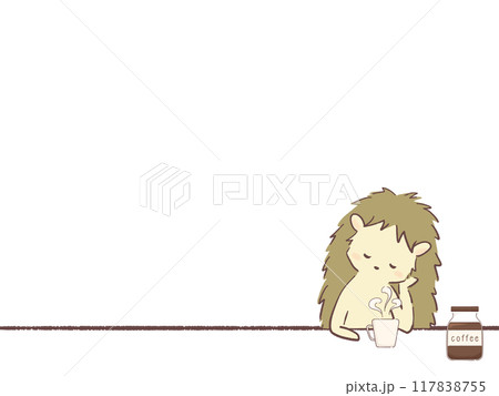 コーヒーを飲んでリラックスするハリネズミのイラスト 117838755