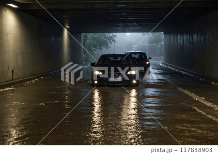 冠水した道路で水没する車　AI生成画像 117838903