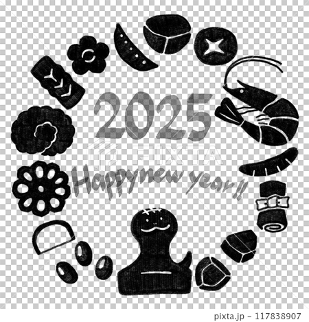 Hand-drawn New Year's round frame _ 2025 Year of the Snake _ Black stamp style Hand-drawn New Year's round frame _ 2025 Year of the Snake _ Black stamp style 117838907