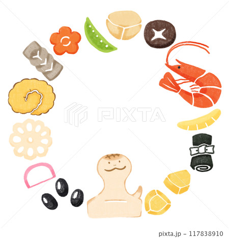 手描きのおせちの丸型フレーム＿巳年＿カラー 117838910