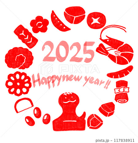 手描きのおせちの丸型フレーム＿2025年巳年＿ハンコ風赤 117838911