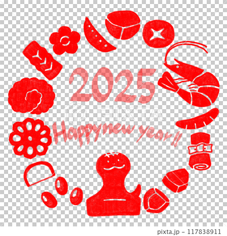 手描きのおせちの丸型フレーム＿2025年巳年＿ハンコ風赤 117838911