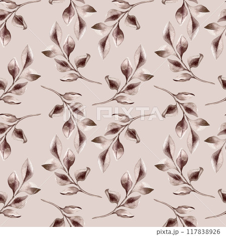 Gentle botanical elements hand drawn. Repeating leaves in sepia tones watercolor on seamless pattern isolated on pastel backdrop. The simple and elegant design in vintage style for textile, package 117838926