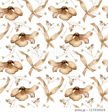 Flowers and leaves in light brown colors watercolor monochrome seamless pattern. Floral sepia colors background isolated . Coffee tones plants hand drawn for design textile, packaging Flowers and leaves in light brown colors watercolor monochrome seamless pattern. Floral sepia colors background isolated . Coffee tones plants hand drawn for design textile, packaging 117838928