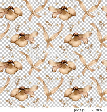Flowers and leaves in light brown colors watercolor monochrome seamless pattern. Floral sepia colors background isolated . Coffee tones plants hand drawn for design textile, packaging Flowers and leaves in light brown colors watercolor monochrome seamless pattern. Floral sepia colors background isolated . Coffee tones plants hand drawn for design textile, packaging 117838928