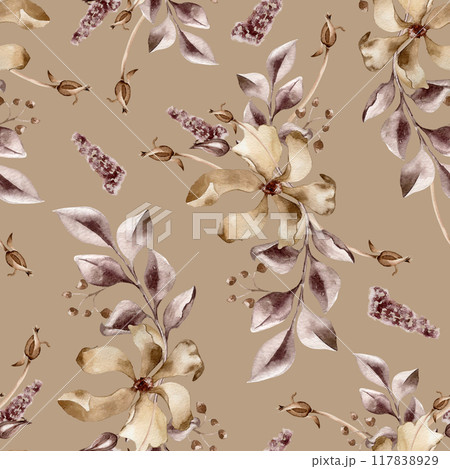 Delicate floral elements in sepia tones seamless pattern on a beige background. Various leaves, flowers monochrome watercolor hand drawn. Vintage botanical motif for textile, packaging, decoupage 117838929