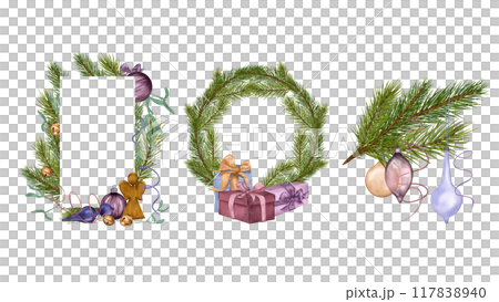 Frame with Christmas tree branches in watercolor illustration isolated. Pine branches and ball decorations hand drawn. Spruce and gift boxes in frame. Elements for design New Year invitation, card. Frame with Christmas tree branches in watercolor illustration isolated. Pine branches and ball decorations hand drawn. Spruce and gift boxes in frame. Elements for design New Year invitation, card. 117838940