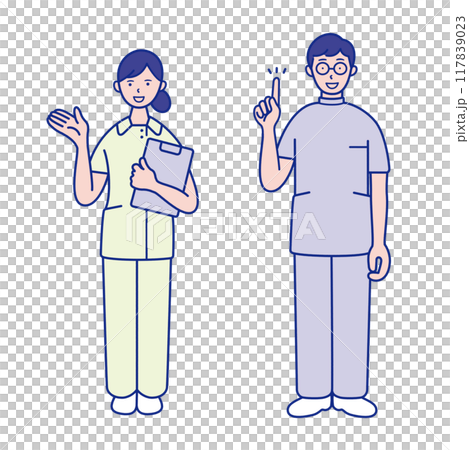 Full-body illustration of a female nurse holding a binder and a male nurse pointing at something [set] 117839023