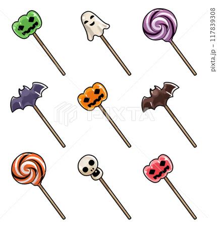 ハロウィンモチーフの棒付きキャンディ 117839308