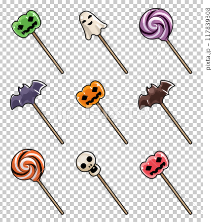 ハロウィンモチーフの棒付きキャンディ 117839308