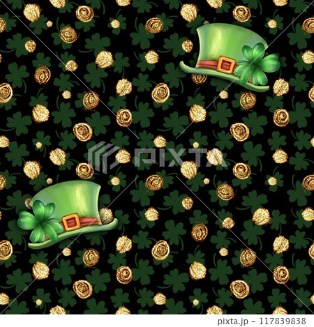 Seamless pattern with clover leaves and Leprechaun hats. Green four leaf clover. St Patrick's day background 117839838