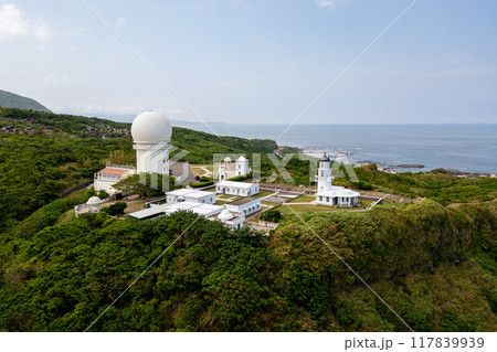 Aerial view of Cape Santiago Lighthouse in New Tapei city, Taiwan 117839939