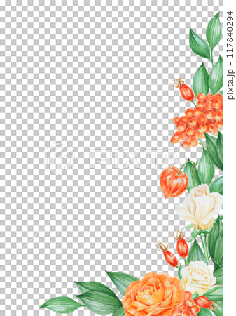 Orange and white roses, physalis, rowan berries and rose hips. Hand drawn watercolor isolated corner frame with fall vegetables, berries and plants for banner template with copy space for text 117840294