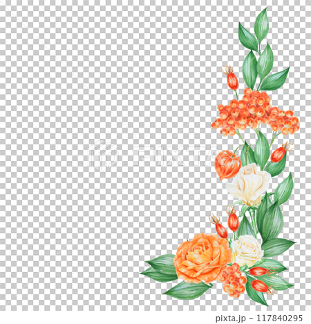 Orange and white roses, physalis, rowan berries and rose hips. Hand drawn watercolor isolated corner frame with fall vegetables, berries and plants for banner template with copy space for text Orange and white roses, physalis, rowan berries and rose hips. Hand drawn watercolor isolated corner frame with fall vegetables, berries and plants for banner template with copy space for text 117840295