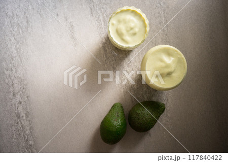healthy breakfast with top view cup of smoothie avocado put on table 117840422