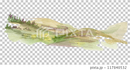 Scenery landscape rolling hills with flowers, meadow field moorland prairie ground. Single isolated element, watercolor hand drawn for tourism, resort ads, hiking camping sites vacation, nature maps. Scenery landscape rolling hills with flowers, meadow field moorland prairie ground. Single isolated element, watercolor hand drawn for tourism, resort ads, hiking camping sites vacation, nature maps. 117840532