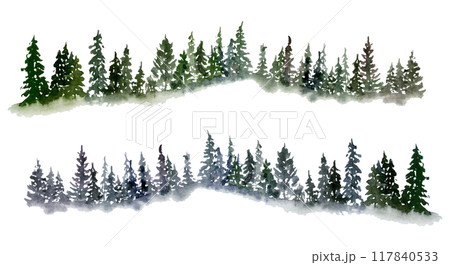 Scenery landscape coniferous forest fir spruce trees, mountains hills alpine vista, cloudy sky hand drawn in watercolor. Single isolated element for tourism, resort ads, hiking camping sites vacation. 117840533