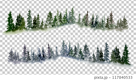Scenery landscape coniferous forest fir spruce trees, mountains hills alpine vista, cloudy sky hand drawn in watercolor. Single isolated element for tourism, resort ads, hiking camping sites vacation. 117840533