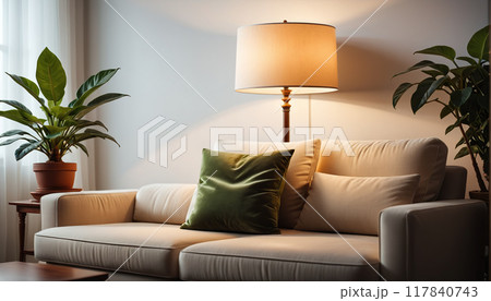 Frontal view of a simple and cozy sofa with a lamp and plants standing next to it in the living room 117840743
